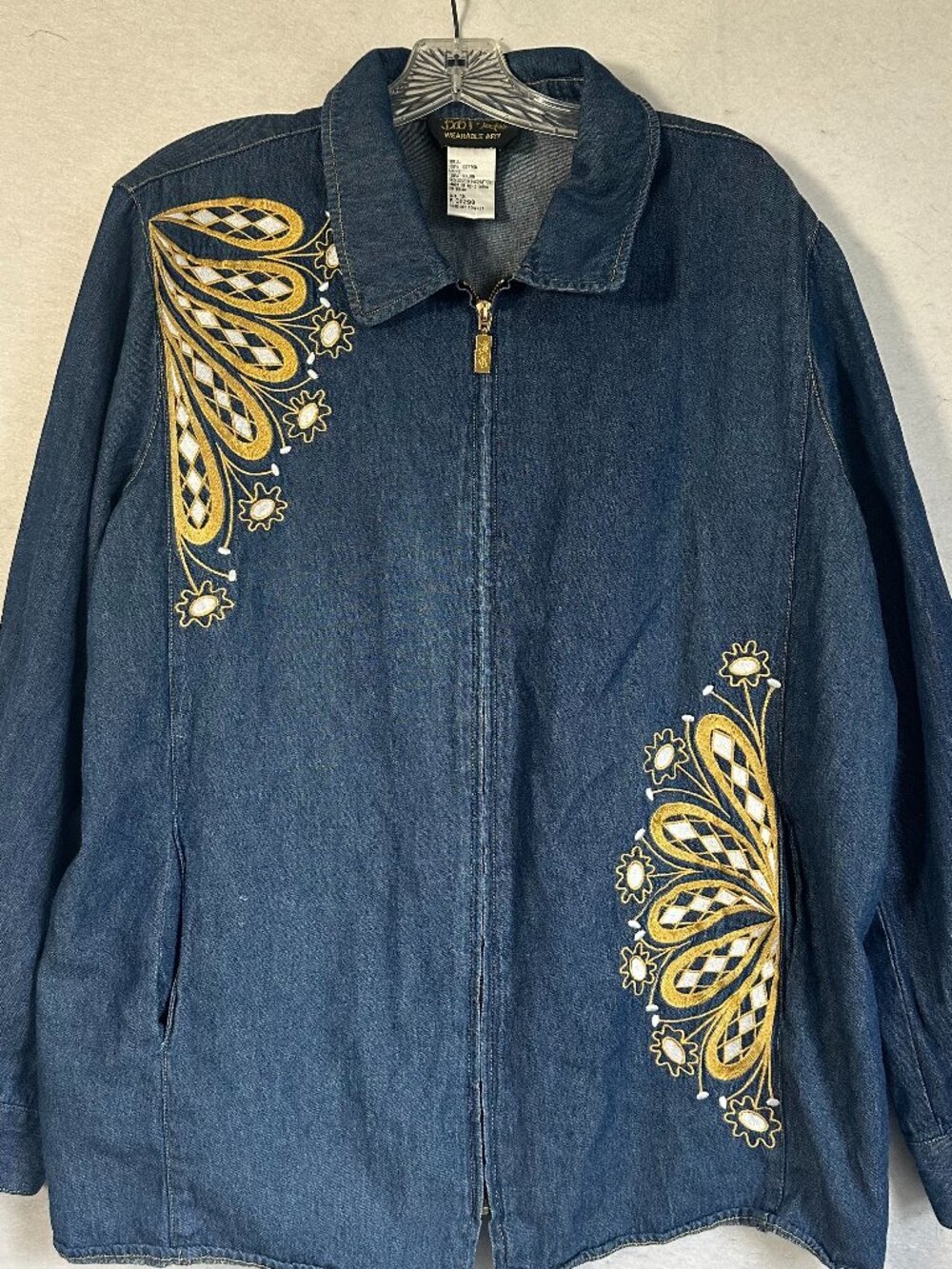 Bob Mackie Blue Denim Jacket Size 1X Chambray gold buttons embroidery full zip